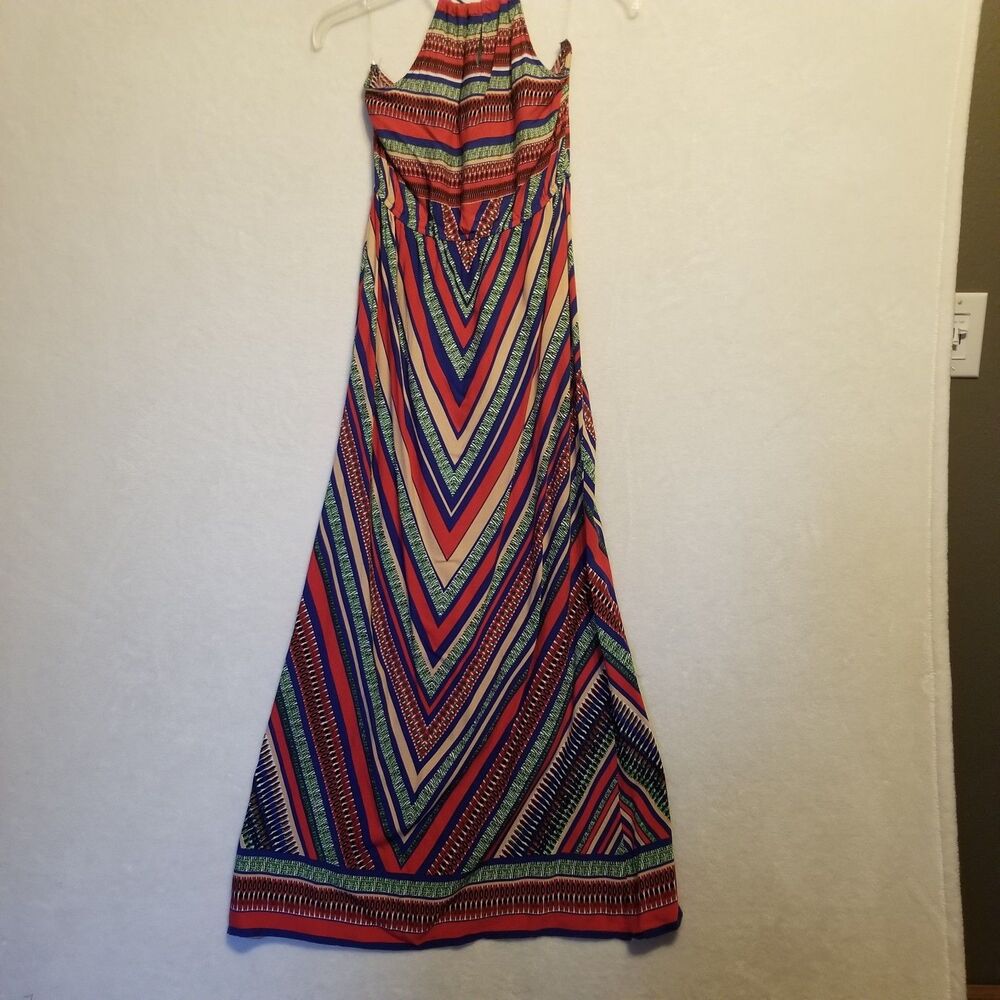 Earthbound Trading Co. M Dress Maxi Rayon Halter Tie Rainbow Boho Beach Coastal